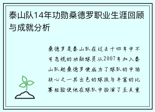 泰山队14年功勋桑德罗职业生涯回顾与成就分析